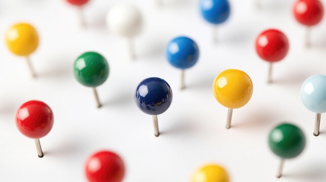 Vibrant Collection of Colorful Push Pins Arranged on a White Background for Creative Office or Educational Use
