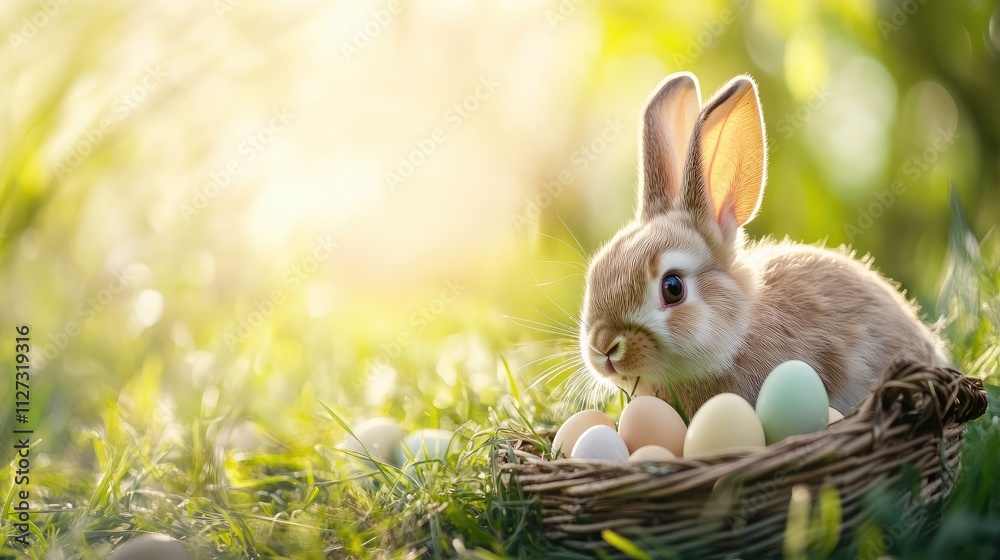 Aufkleber fluffy baby rabbit surrounded by colorful easter eggs in a sunlit garden symbolizing easter celebrat