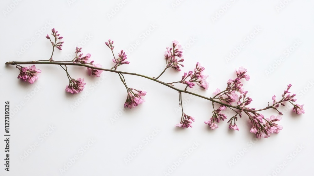 Poster Delicate branch of pink flowers elegantly arranged on a minimalist white background for floral design and spring-themed concepts.