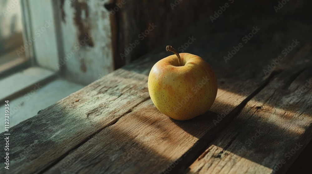 Poster apple resting on a rustic wooden surface illuminated by natural light showcasing its texture and fre