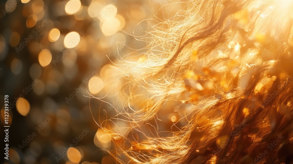 Poster Golden autumn leaves illuminated by sunlight creating a dreamy blurred background with vibrant bokeh effect.