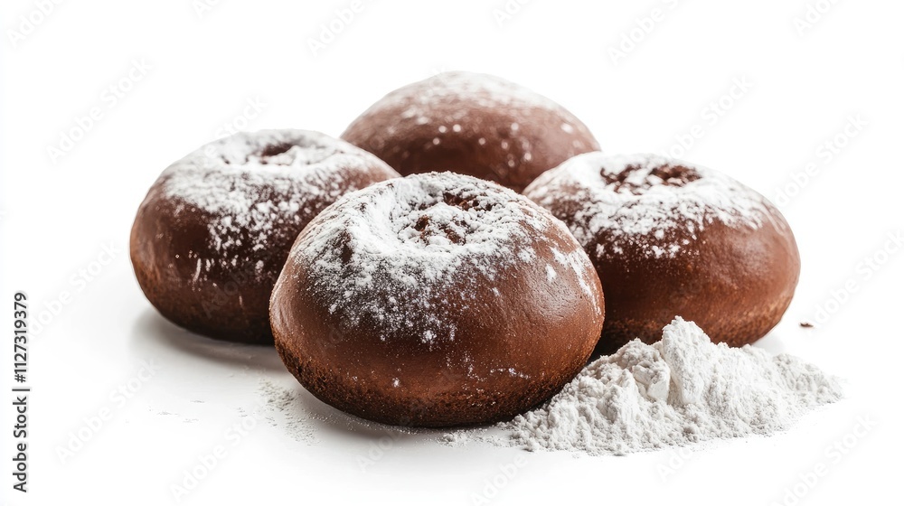 Poster brown baked buns dusted with flour arranged on a white background showcasing a fresh and appetizing 
