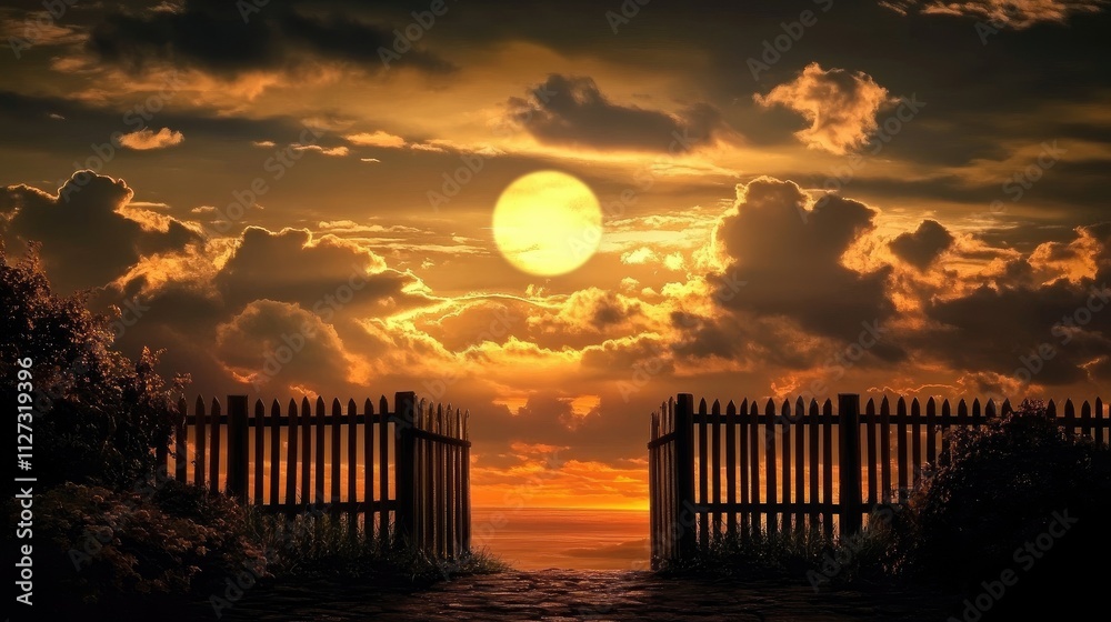 Poster golden sunset behind a silhouette fence with dramatic clouds creating a serene landscape atmosphere 