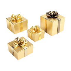 Christmas Foure Gold gift box with golden bow  ribbon isolated on a Transparent Background cutout