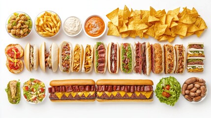 Variety of fast food items including tacos burgers nachos and sandwiches arranged neatly on a white backdrop showcasing tempting meal options