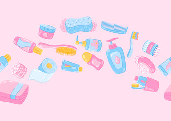 Pattern with hygiene objects. Washing, beauty, body care. Personal hygiene and self care items.