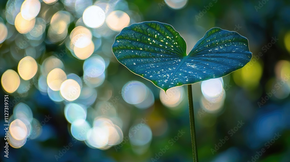 Aufkleber alocasia elephant ear leaf with dew drops against a beautiful bokeh background in a lush green envir