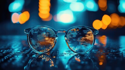 Crypto themed hologram reflections in glasses on a table with blurred lights creating a futuristic blockchain concept in double exposure effect