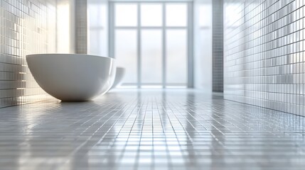 A 3D depiction of a white mosaic countertop blurred view of a bathroom or shower room, modern interior design from a perspective view. a grid pattern texture, providing an empty space for a background