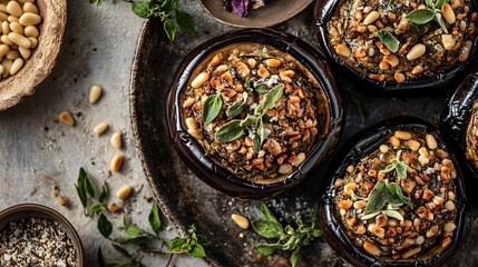 Close up of stuffed eggplants with a cheesy crust, surrounded by decorative elements like pine nuts and dried oregano