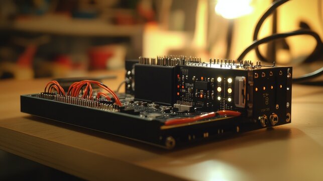 Arduino microprocessor unit on a workbench with tools and wires promoting DIY electronics and programming education in a light setting
