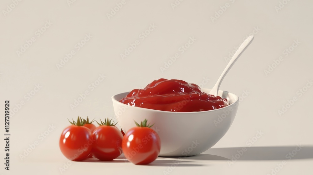 Poster bowl of ketchup served with fresh cherry tomatoes on a minimalist white background displaying vibran