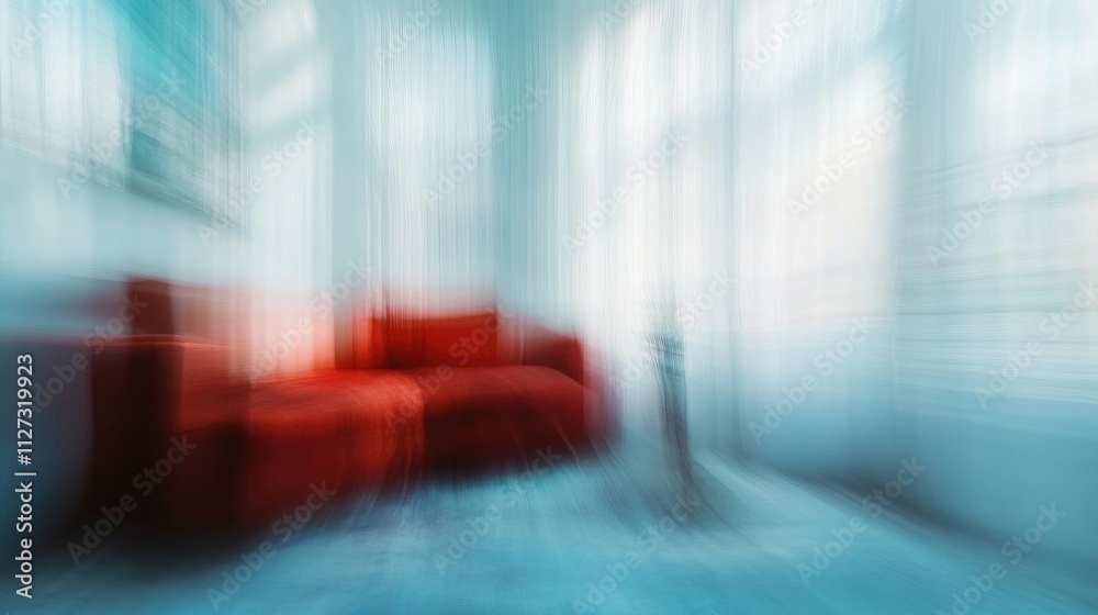 Aufkleber abstract blurred living room with red sofa and light blue tones creating a tranquil decorative backg
