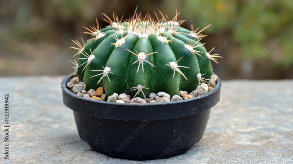 Poster vibrant green cactus in a mini pot basking in sunlight with decorative stones on a rustic surface