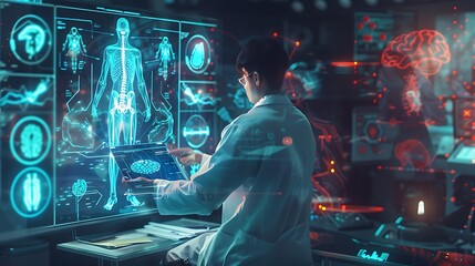Futuristic Medicine: Doctor Analyzing Holographic Human Anatomy