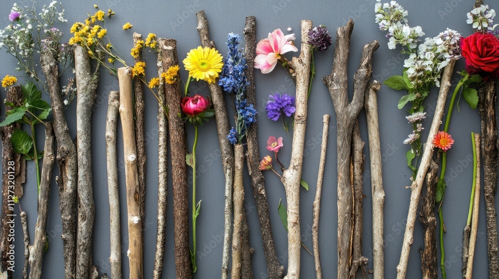 Aufkleber Wooden sticks adorned with an array of colorful flowers arranged in a decorative pattern on a neutral background.