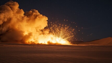 Explosion in desert at night creating vibrant smoke fire and sparks illuminating the sandy landscape with dramatic effects