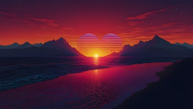 Heart shape sunset, Retro wave sunset, Valentine's day, style of synth wave artwork, background

