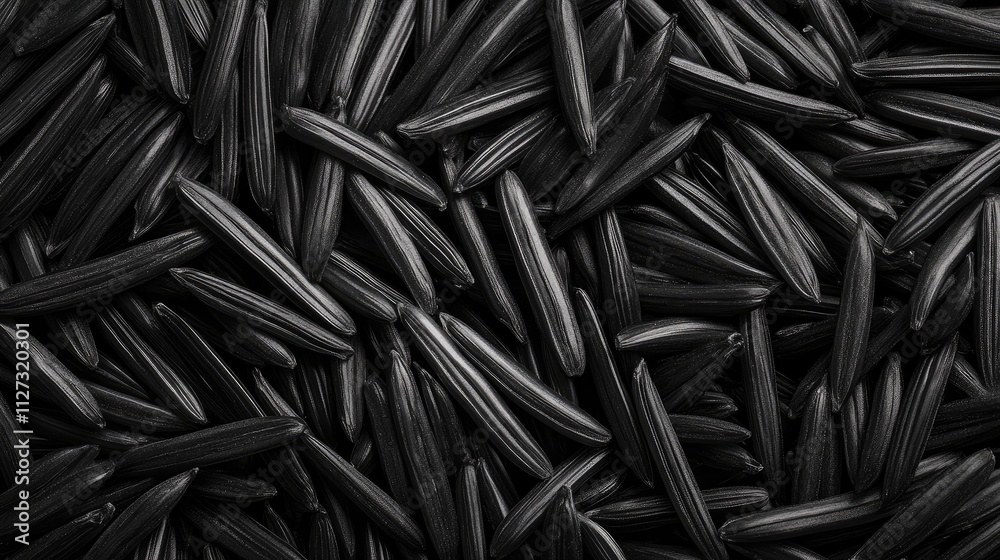 Aufkleber Background of wild rice grains in monochrome showcasing texture and pattern in a visually striking black and white arrangement.