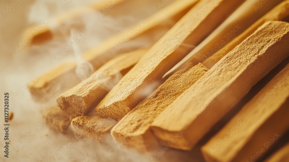 Poster palo santo incense sticks with soft focus creating an abstract spiritual atmosphere on a light backg