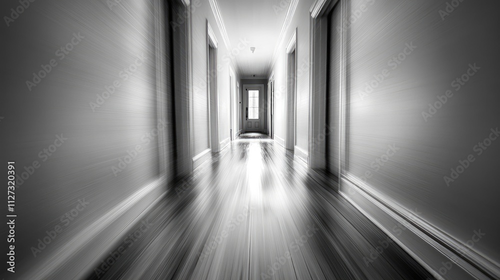 Poster Abstract blurred perspective of a hallway in black and white featuring elongated lines and light reflections on the floor.
