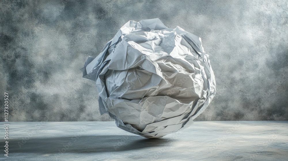 Aufkleber Crumpled paper ball floating above a textured surface with dramatic lighting and abstract background for creative design concepts.