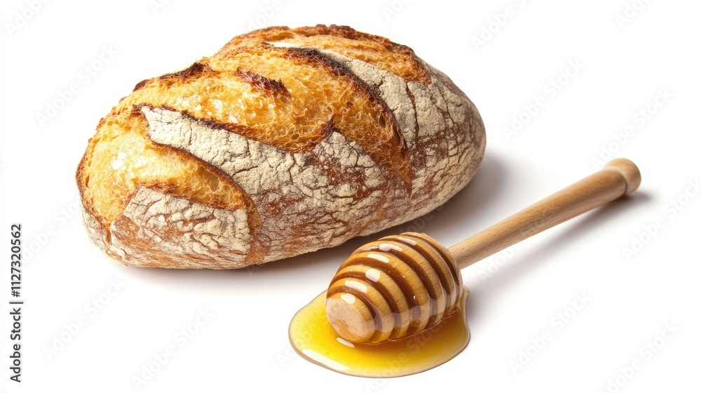 Poster freshly baked bread loaf with honey and a wooden dipper against a clean white background showcasing 