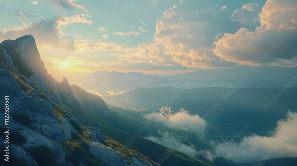 Poster serene sunset over the blue ridge mountains with dramatic clouds and misty valleys creating a tranqu