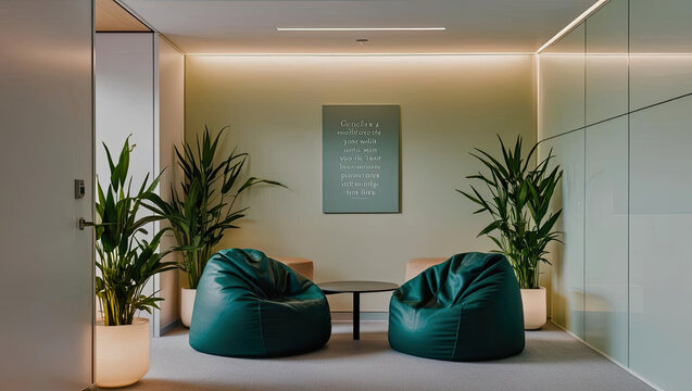 Modern office interior with cozy bean bags for a relaxing and tranquil lounge space