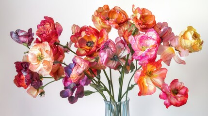 Vibrant floral arrangement in a glass vase showcasing colorful blooms against a minimalist white background ideal for decorative themes.