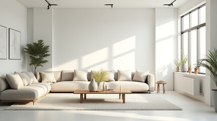 Bright Minimalist Living Room Interior Design with Beige Sofa and Large Window Sunlight