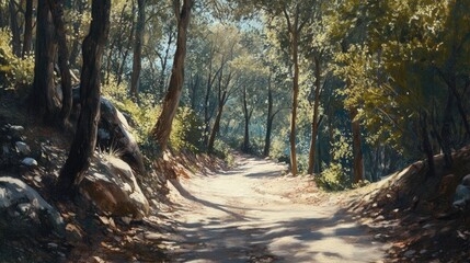 Obraz premium Serene Forest Pathway Surrounded by Lush Greenery and Sunlight Filtering Through Trees on a Peaceful Day