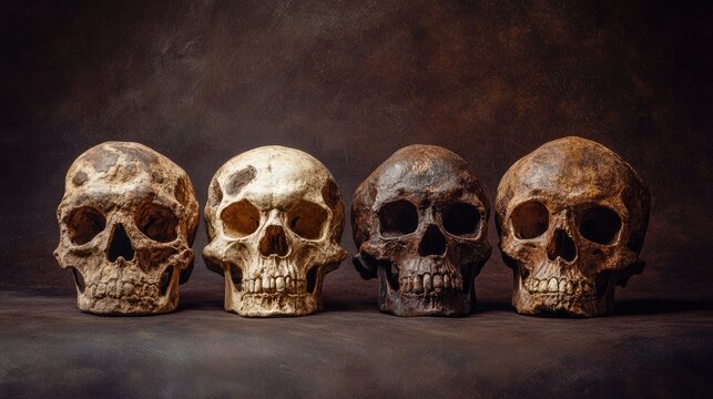 Human skull evolution showcasing four distinct stages of anatomical development in the journey of human species through time