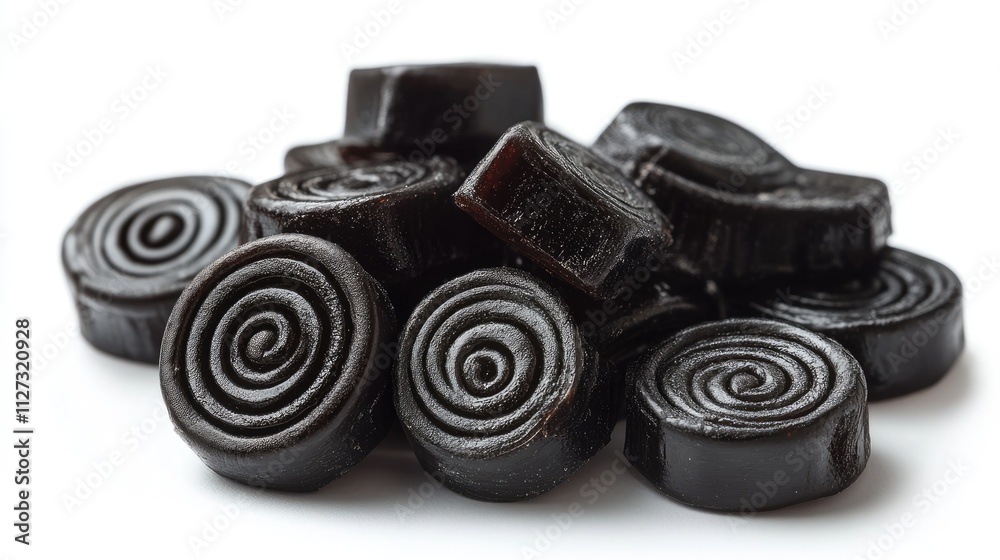 Aufkleber black licorice candy assortment with various shapes and textures on a white background ideal for con