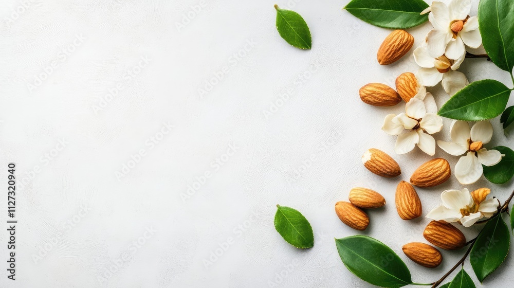 Poster almonds with green leaves and delicate flowers arranged on a light background creating an elegant na
