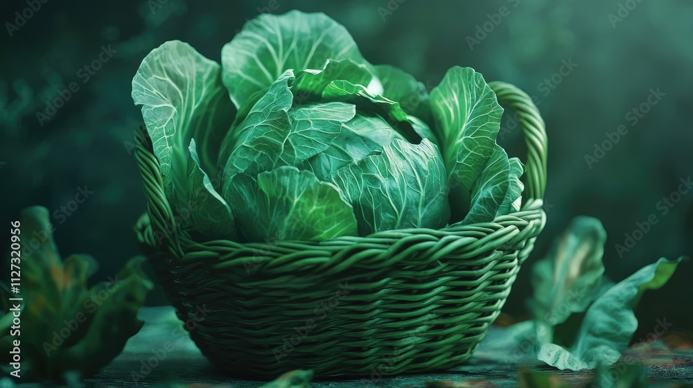 Poster Freshly harvested cabbage displayed in a rustic green basket on a textured surface with a lush background