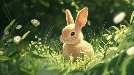 Obraz premium Cute Rabbit Sitting in Green Grass Surrounded by Flowers in Nature