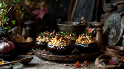 Golden stuffed eggplants filled with roasted vegetables and spiced rice, surrounded by vintage bowls and rustic decor