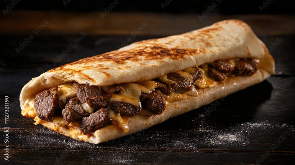 Poster beef shawarma wrapped in pita bread displayed on a rustic wooden surface for menu presentation and f