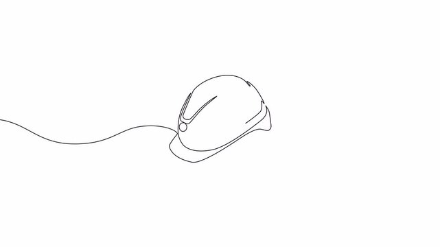 Video. Continuous single line continuous illustration of safety helmet for safe work. Construction equipment single vector editable line. Construction concept. Animation on white background. 4K.