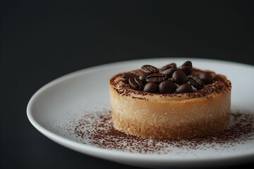 Delicious coffee-flavored dessert presented on a white plate with coffee beans