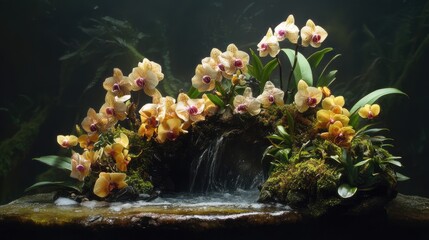 Beautiful arrangement of Doritaenopsis orchids showcasing vibrant colors and intricate details in a serene aquatic setting.