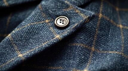 Close-up of tailored suit fabric showcasing intricate patterns and high-quality craftsmanship with stylish button detail