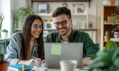A smiling young couple collaborates on a laptop in a bright, stylish home office filled with plants and books, radiating creativity, teamwork, and a modern lifestyle.