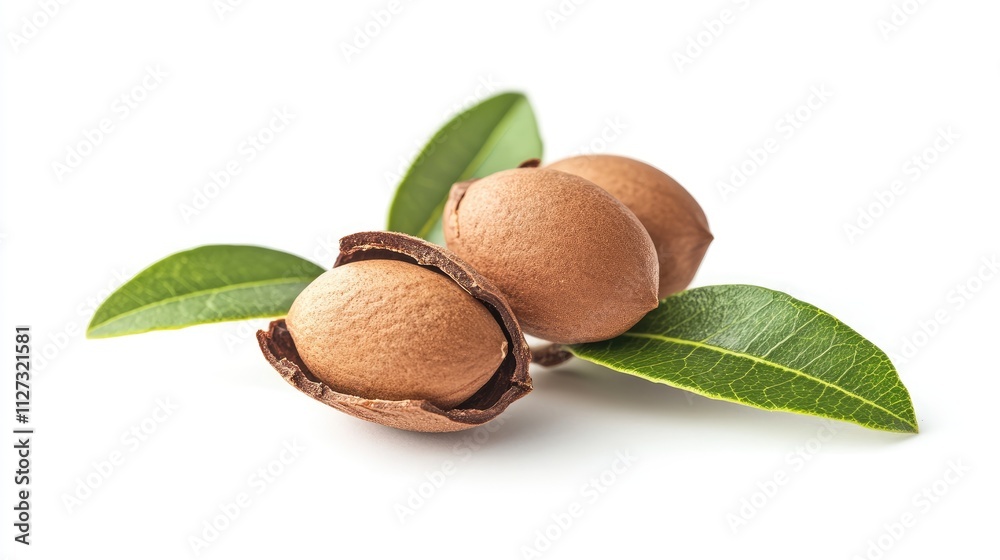 Poster almonds in shell with green leaves on white background showcasing natural texture and healthy snack 