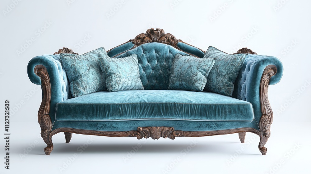 Poster elegant vintage sofa with plush cushions showcasing luxurious fabric and intricate woodwork in a bri