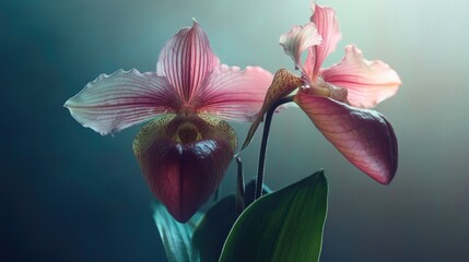 Elegant paphiopedilum orchids showcasing delicate petals and vibrant colors against a soft, atmospheric background for floral aesthetics.