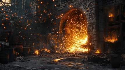 Dynamic fire sparks illuminating a historic forge with glowing embers and a rustic atmosphere showcasing craftsmanship and ancient techniques