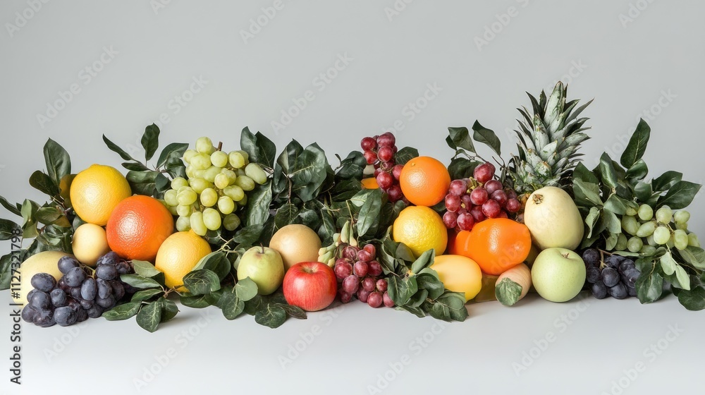 Poster assorted fresh fruits and vegetables arranged harmoniously on a white background showcasing vibrant 
