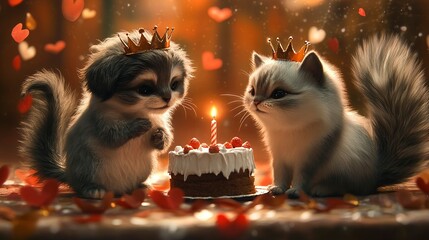Adorable Crowned Kittens Celebrating a Birthday with Cake